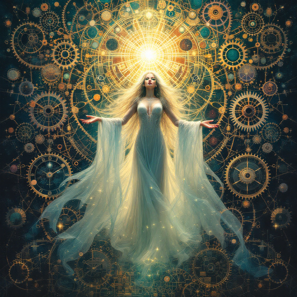 A mystical figure in flowing white garments stands amidst intricate golden gears and swirling patterns, embodying the quote, The past is always with us, a voice that shapes the future.