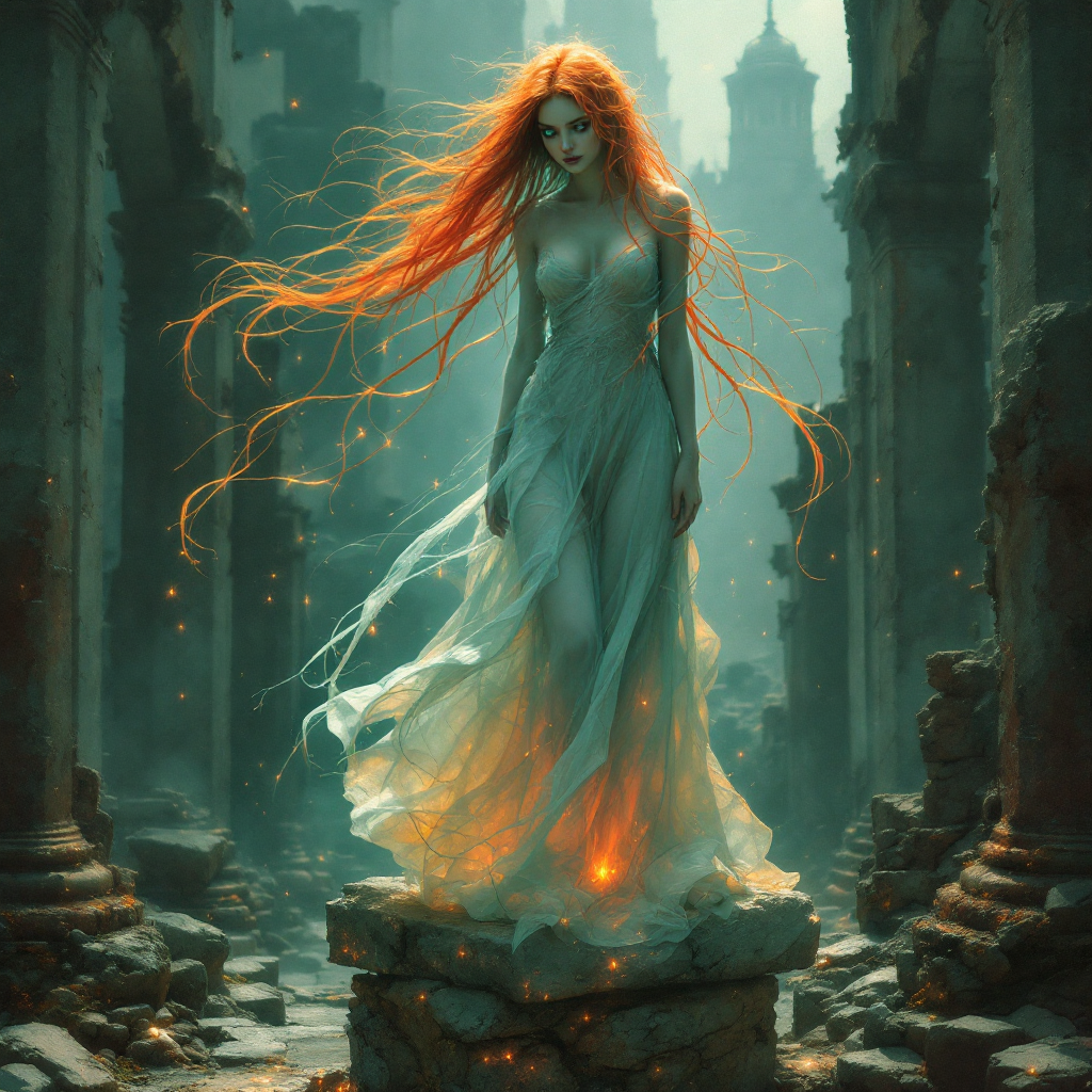 A woman with flowing red hair stands among ancient ruins, her ethereal gown billowing as sparks of light surround her, embodying the idea that truth is a stubborn, resurgent force.