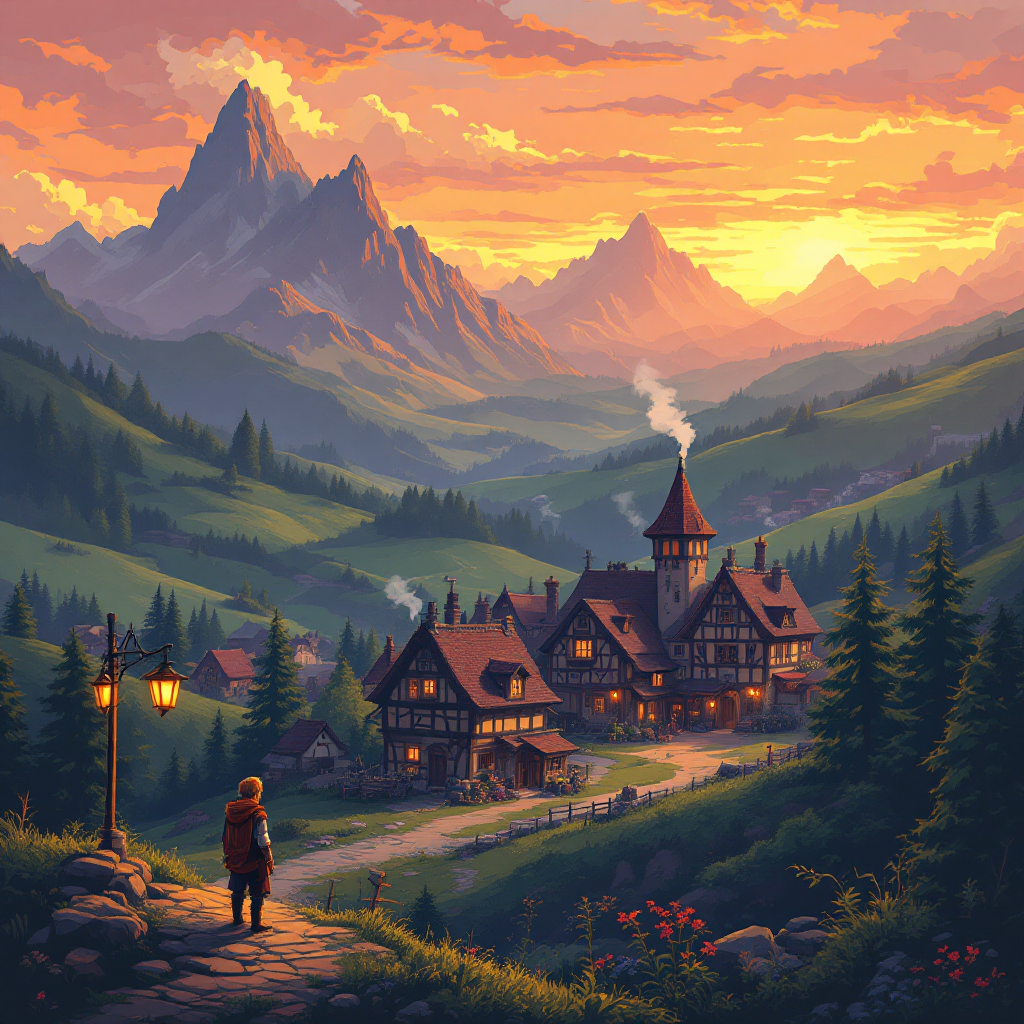 A serene landscape depicts a traveler gazing at a quaint village nestled in rolling hills at sunset, embodying the quote, “The past is a good place to visit, but I wouldn’t want to live there.”