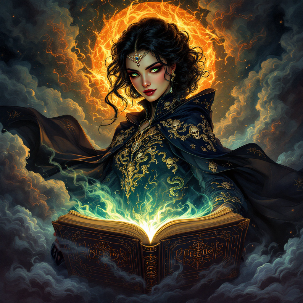 A mysterious woman in ornate attire stands before a glowing book, surrounded by swirling clouds and an intense golden halo, embodying the quote Knowledge is a dangerous thing.