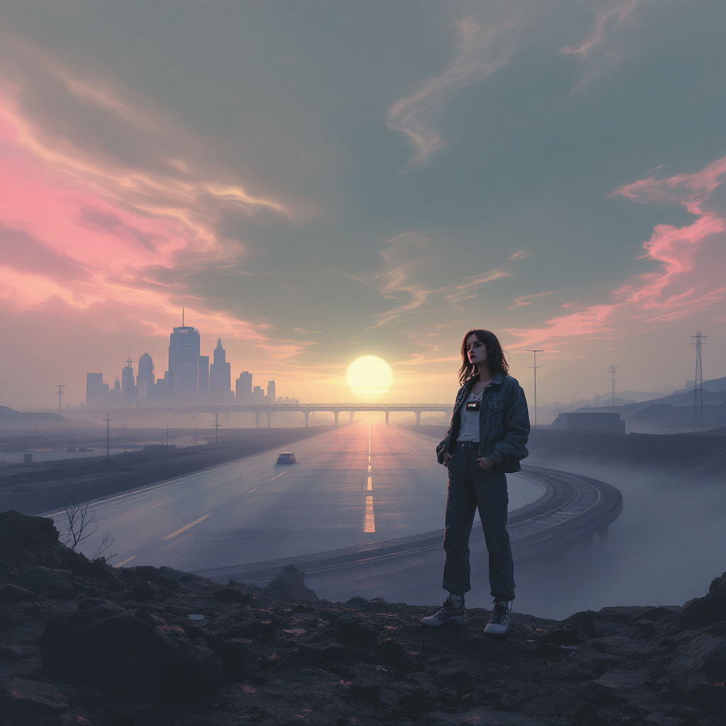 A lone figure stands on a rocky ledge, gazing at a misty city skyline under a vibrant sunset, symbolizing the connection between understanding the past and shaping the future.