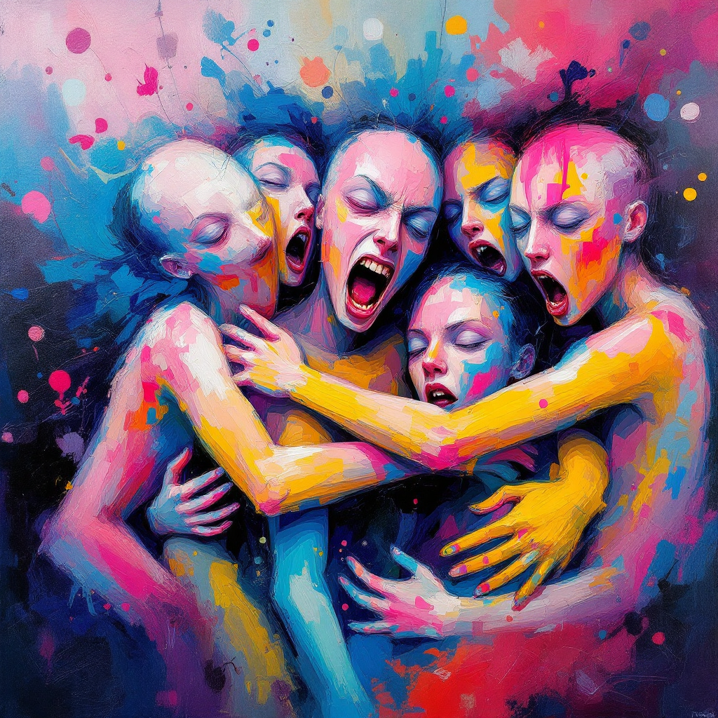 An abstract painting of numerous vibrant figures entangled in passionate, chaotic embraces, each expressing intense emotion, capturing the essence of the quote about the complexities of human closeness.