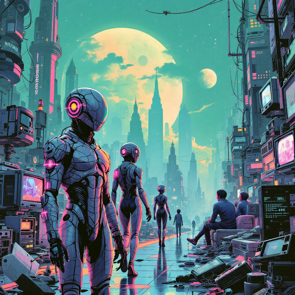 A vibrant cyberpunk cityscape features humanoid robots walking among towering structures and glowing screens, embodying the complexities of humanity they strive to manage.