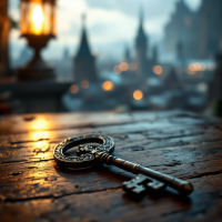 An ornate key rests on a wooden table, illuminated by a warm lantern glow, set against a blurred backdrop of a mystical cityscape, embodying the idea of imagination unlocking endless possibilities.