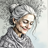 A serene elderly woman smiles gently, her hair adorned with flowing, intricate swirls, embodying the complex relationship with anxiety referenced in the quote on madness.