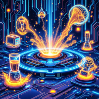 A futuristic scene depicting vibrant, glowing appliances like a toaster and a blender, emerging from a central energy source against a backdrop of circuit patterns.