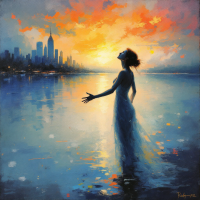 A silhouetted figure stands in calm waters at sunset, arms outstretched, symbolizing the interplay of gain and loss, set against a vibrant city skyline and a colorful sky.