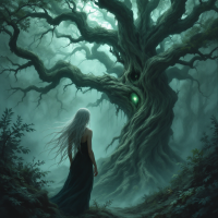 A figure with long white hair stands before a gnarled, ancient tree in a misty forest, symbolizing the inescapable truth and the haunting shadows of evasion.