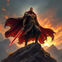 A powerful figure stands atop a rocky peak, clad in ornate armor and a flowing red cape, wielding a glowing sword against a backdrop of fiery skies, embodying the quote on gaining power.