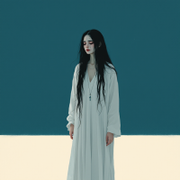 A pale-skinned figure with long black hair stands in a flowing white dress, seemingly reflecting on inner struggles against a dark teal background with a soft, bright base.