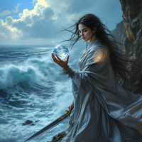 A woman in a flowing, silver cloak stands on a rocky shore, holding a glowing crystal orb amidst crashing waves, embodying resilience in the face of fate.