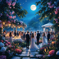 A enchanting night scene features elegantly dressed guests mingling in a lush garden filled with flowers, under a moonlit sky, evoking the whimsical atmosphere of Gatsby's blue gardens.