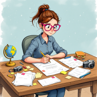 A young woman with glasses sits at a cluttered desk, writing on papers surrounded by a globe, cameras, and a burger, illustrating the idea of crafting her own life manual.