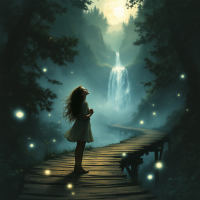 A girl stands on a wooden path by a serene waterfall, surrounded by glowing fireflies, evoking the magic of Terabithia and a sense of eternal wonder.