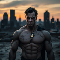 A muscular figure stands against a city skyline at sunset, embodying strength and weariness, reflecting the struggle of pretending to be okay despite inner turmoil.