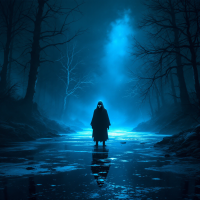 A shadowy figure stands in a misty, moonlit forest, reflecting on a dark, icy stream. The atmosphere captures the tension of fear as both immobilizing and driving force.