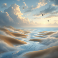 A serene landscape of rolling sand dunes meets a tranquil river, under a sky filled with soft clouds and soaring birds, evoking the feeling of living in a dream.