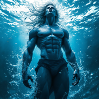 A muscular figure with long hair stands confidently in water, embodying strength and resilience, reflecting the quote about self-belief and being greater than any fish.