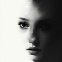 A monochromatic close-up of a young woman's face, capturing a serene expression against a softly blurred white background, evoking intimacy in response to the quote about love and connection.