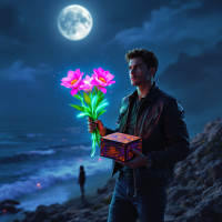 A man stands on a rocky beach under a full moon, holding glowing pink flowers and a decorative box, embodying the bravery needed for romantic gestures. A shadowy figure is seen in the background.