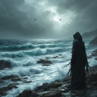 A cloaked figure stands on a rocky shore, gazing at turbulent waves under a stormy sky, embodying the tension between life and death, echoing the quote about peace being elusive.