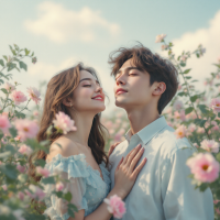 A couple stands close together in a blooming field of roses, evoking the bittersweet feeling of love and longing captured in the quote: I want to be in love with you forever, but we are not meant to be.