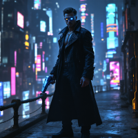 A brooding man in a long, dark coat stands in a neon-lit city, holding a gun and exuding an intense gaze, embodying the quote about power and fear.