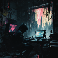 A lone figure in a hoodie sits at a cluttered desk, illuminated by computer screens displaying code, with a dystopian cityscape visible through a large window, embodying digital vulnerability.