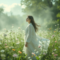 A woman in a flowing white garment stands gracefully amidst blooming wildflowers, embodying self-worth and embracing her talent amid a serene, misty landscape.