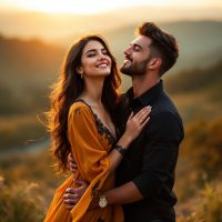 A joyful couple embraces during sunset, radiating warmth and connection, embodying the idea that love thrives in imperfection.