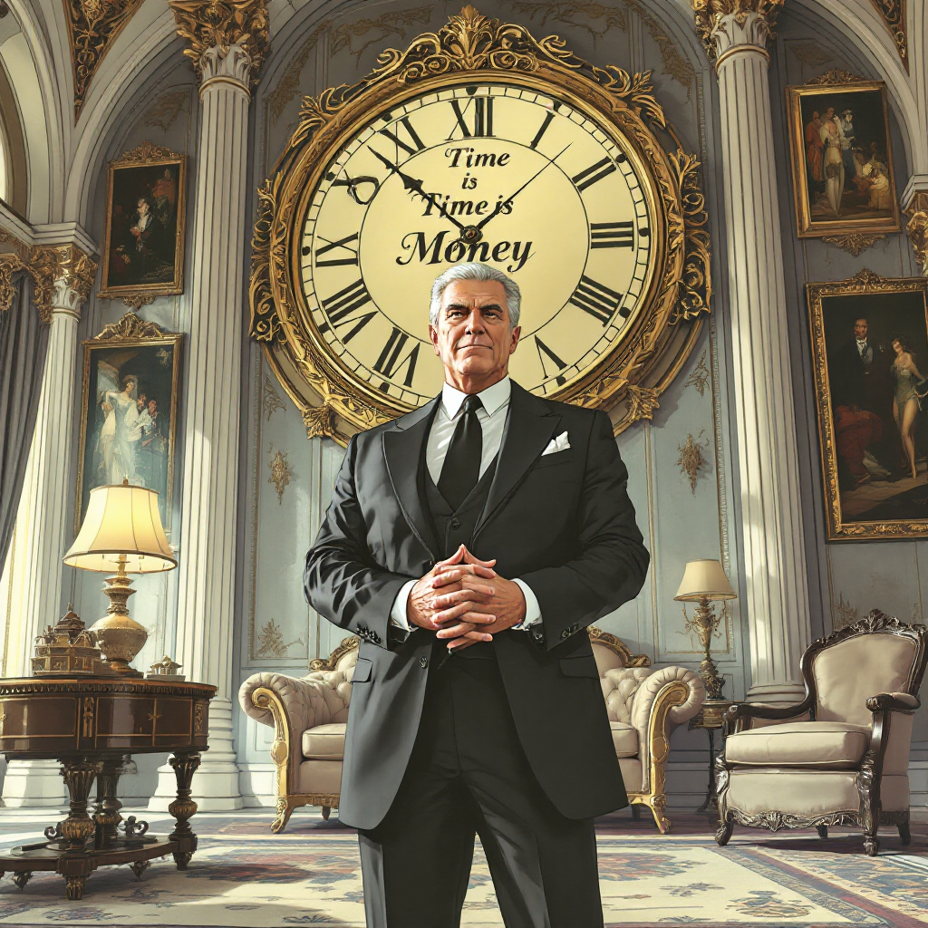 A confident man in formal attire stands in a lavish room, with a large ornate clock behind him reading Time to Make Money, illustrating the idea that the rich make money work for them.