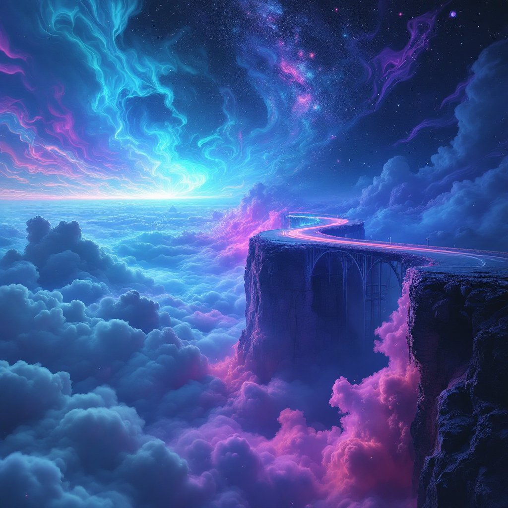 A vibrant, ethereal scene depicts a cosmic bridge leading to a dramatic edge, surrounded by swirling clouds of ammonia crystals and methane, over a vast, unseen drop.