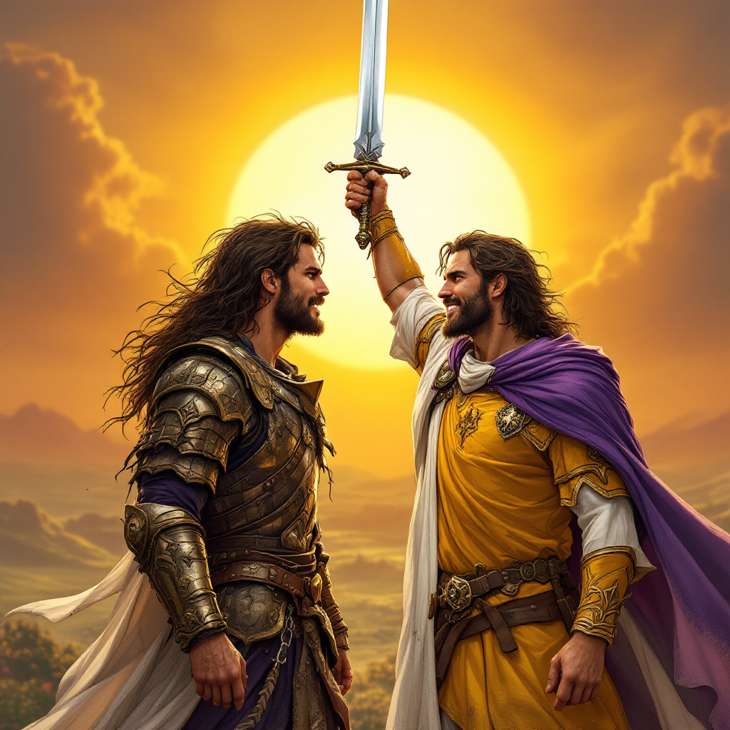 Two noble warriors stand face-to-face, swords raised triumphantly against a radiant sunset, embodying the quote about strategy and victory in battle.