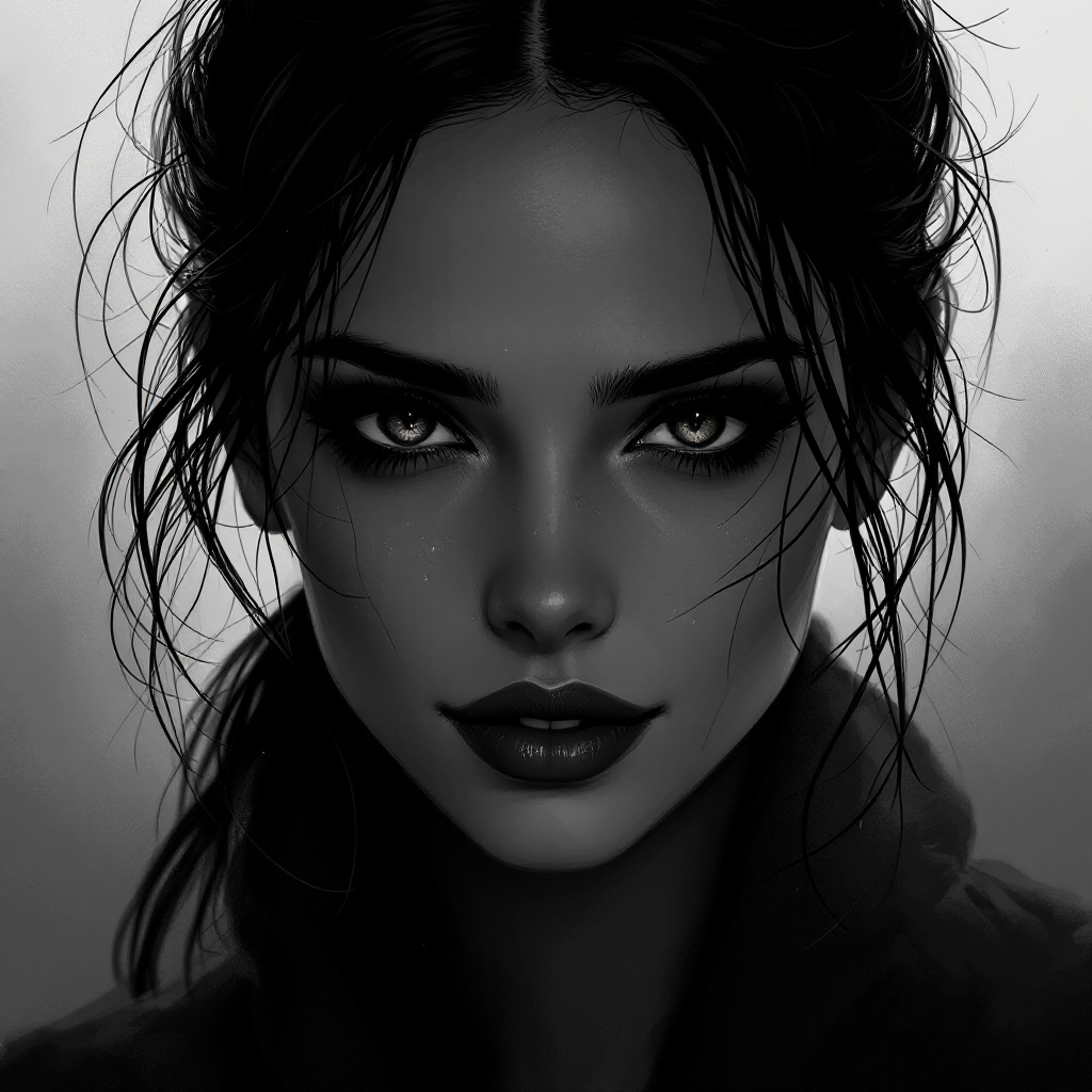 A captivating black-and-white portrait of a woman with intense eyes and tousled dark hair, embodying the depth and complexity of secrets that shape our identity.