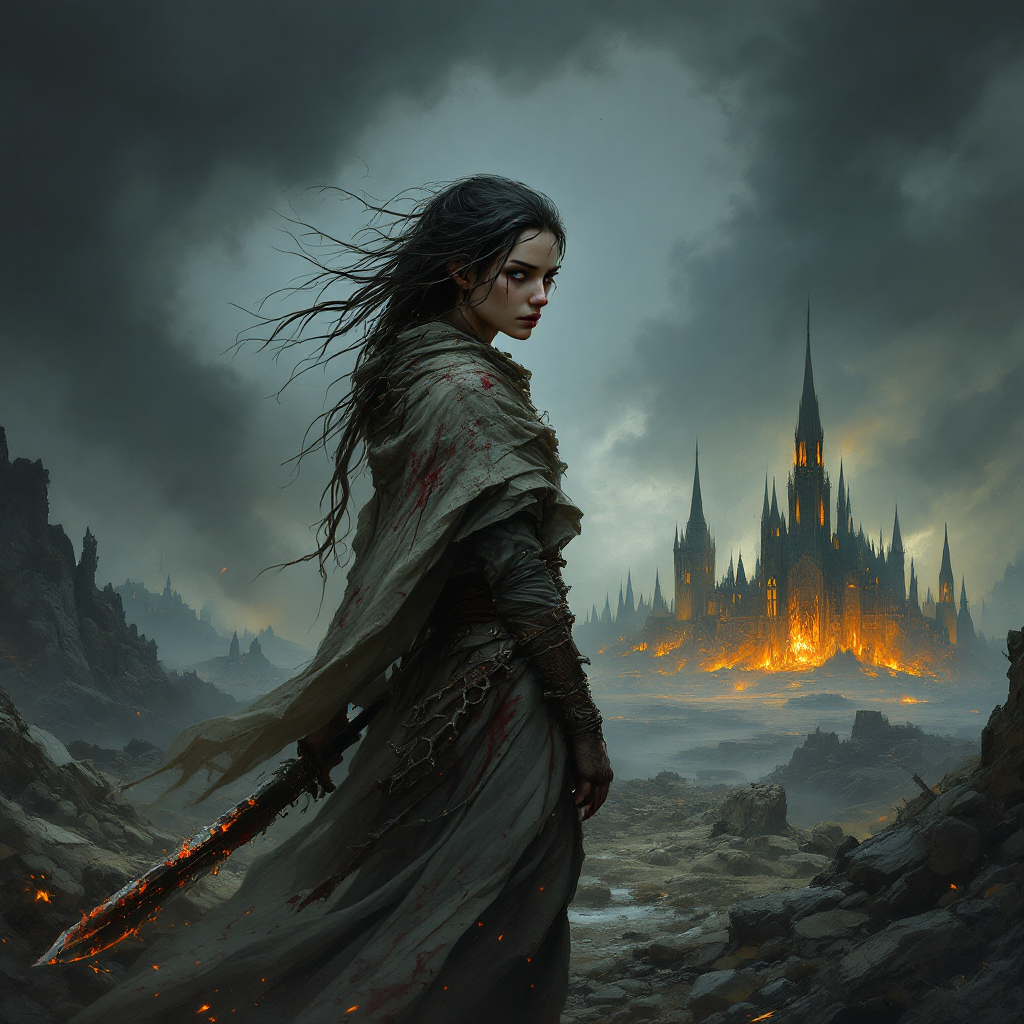 A somber figure stands amid a war-torn landscape, bloodstained and resolute, with a burning castle in the background, reflecting the quote, “There are no happy endings in war. Only endings.”