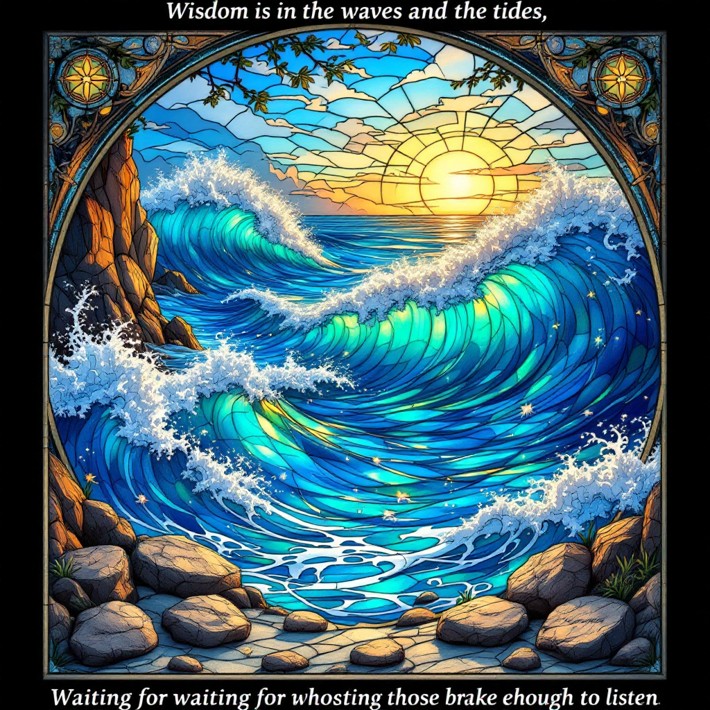 Colorful waves crash against rocky shores under a radiant sun, framed by an ornate design. The quote reflects on the wisdom found in nature's rhythms and sounds.