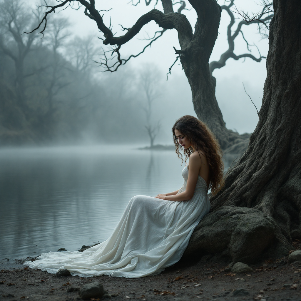 A solitary figure in a flowing white dress sits near a misty lakeshore, surrounded by twisted trees, embodying a poignant sense of comfort in solitude amidst despair.