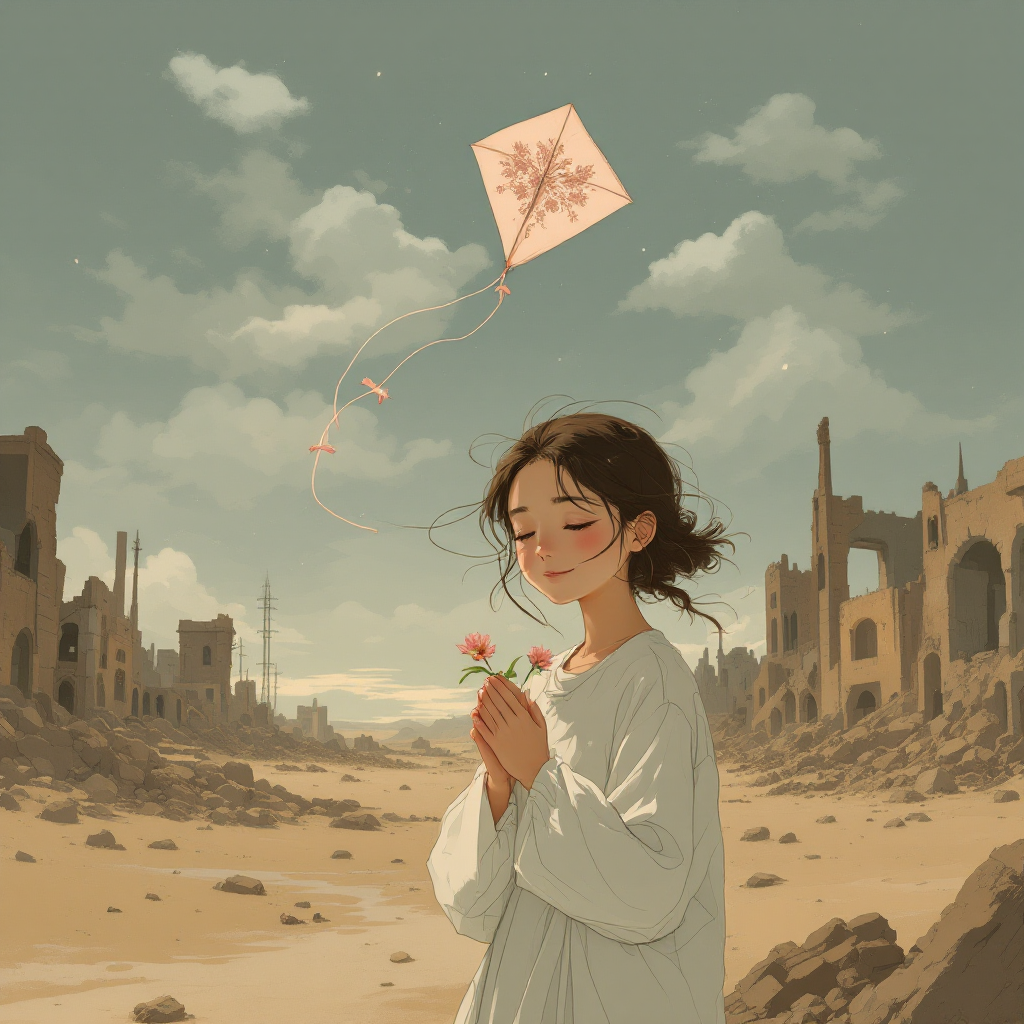 A young girl stands in a desolate landscape, holding flowers and gazing upward at a kite soaring in the sky, embodying hope and kindness amidst ruin, reflecting the quote on resilience.