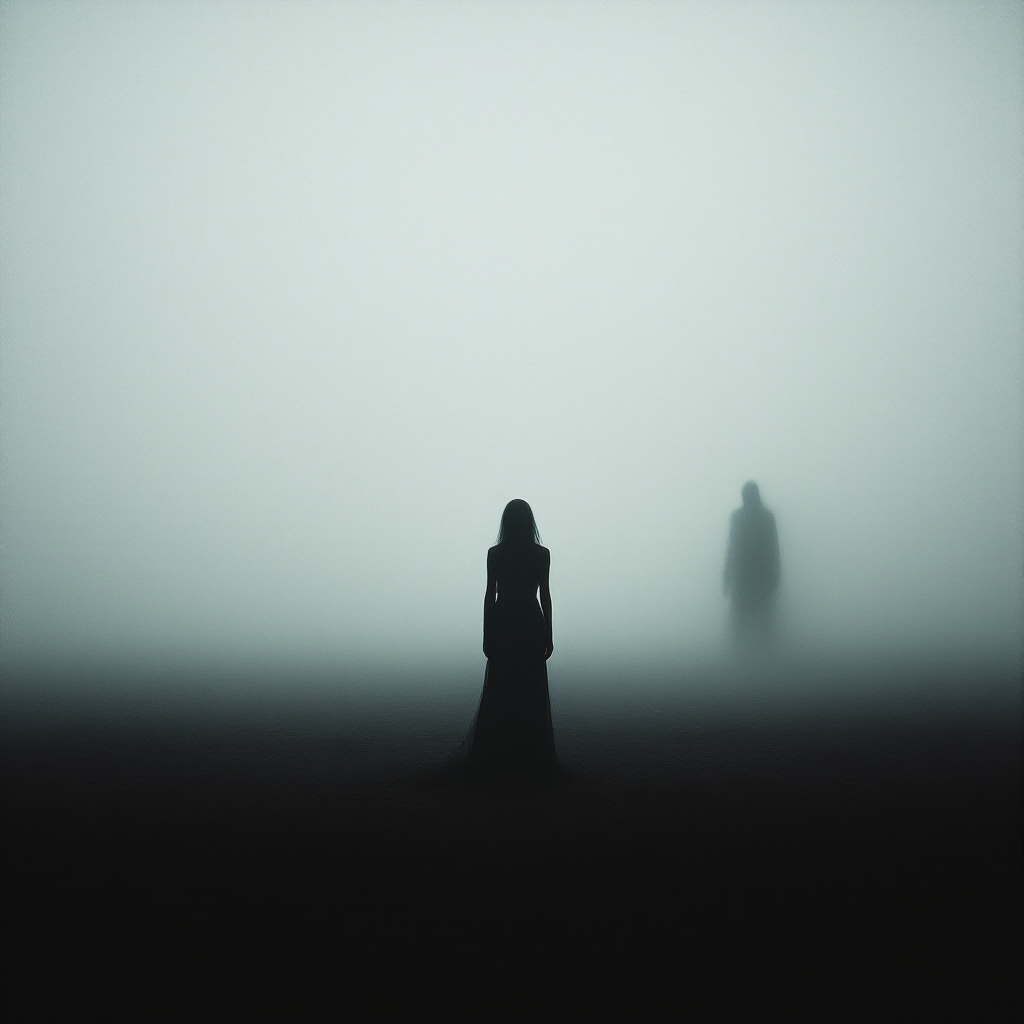 A shadowy figure looms behind a lone person in a foggy landscape, embodying the eerie theme of lurking dangers and unnoticed threats.