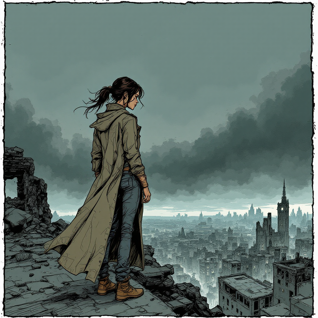 A figure in a long coat stands on a rocky ledge, gazing over a dystopian cityscape shrouded in gray clouds, embodying the quote about seeing the world as it is.