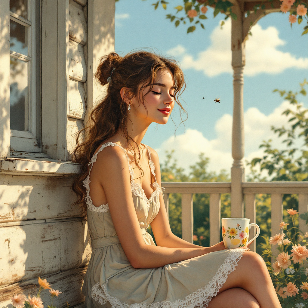 A young woman in a light dress sits peacefully on a porch, holding a floral mug. Surrounding her are blooming flowers and sunlight, capturing the magic of ordinary moments.