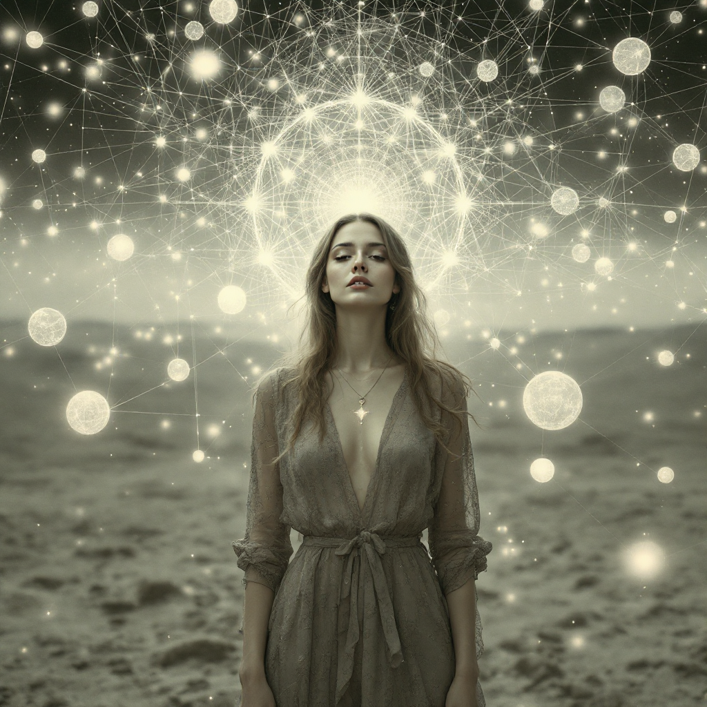 A woman stands in a barren landscape, gazing upward with confidence. A radiant network of glowing orbs and lines surrounds her head, embodying the idea of fate and interconnectedness.