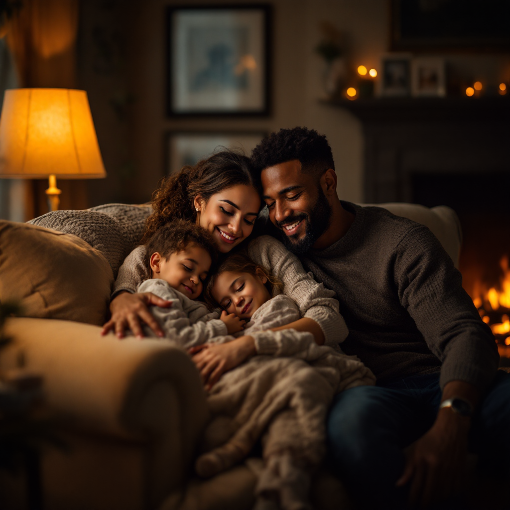 A loving family sits together on a cozy couch, embracing each other warmly in a softly lit room, embodying the quote about choosing how to love one's family.