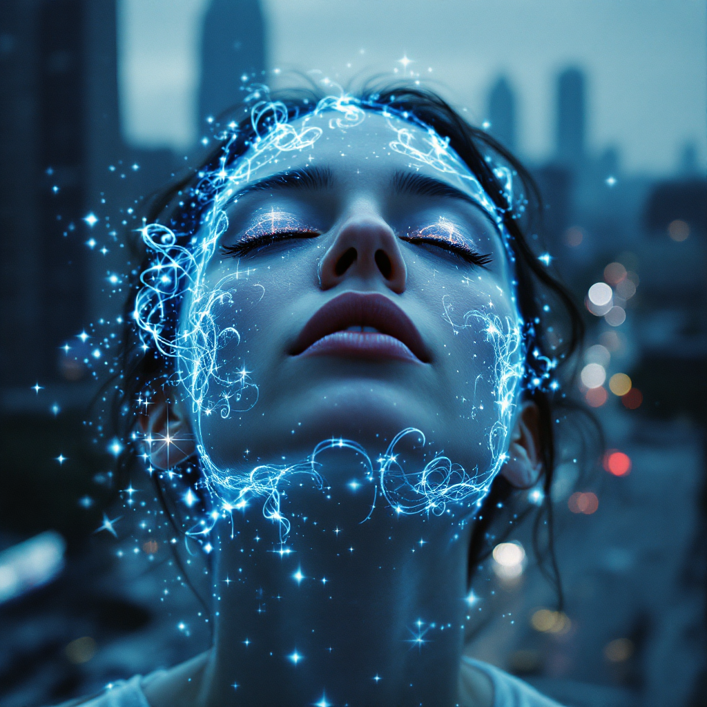 A contemplative figure, eyes closed, adorned with shimmering blue light swirls, symbolizes the fragile nature of freedom amidst an urban backdrop.