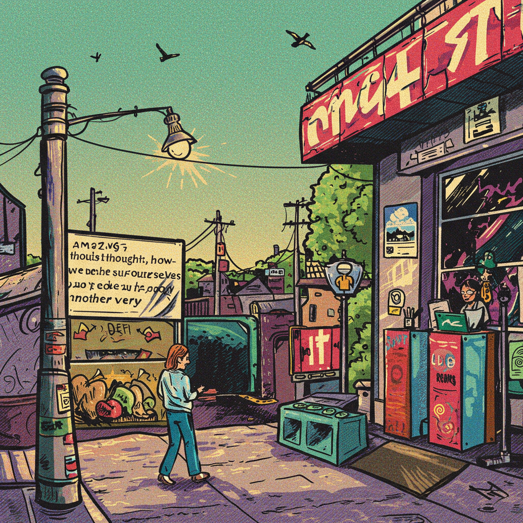 A vibrant street scene features a person walking past colorful storefronts. A sign reflects on the theme of disconnection, illustrating a community that feels distant from one another.