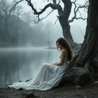 A solitary figure in a flowing white dress sits near a misty lakeshore, surrounded by twisted trees, embodying a poignant sense of comfort in solitude amidst despair.