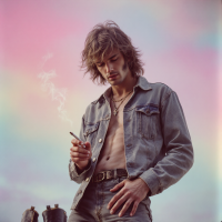 A young man stands against a softly colored, dreamy sky, smoking a cigarette. His relaxed posture and casual attire evoke a sense of introspection, reflecting on identity and absence.