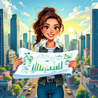 A confident woman holds a blueprint featuring green city plans, standing against a backdrop of modern skyscrapers and wind turbines, embodying the vision of a better world.