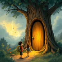 Two children stand hand in hand before a large, glowing door in a tree. The scene captures a moment of courage and companionship amidst a stormy backdrop, embodying true loyalty.