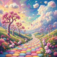 A vibrant, surreal landscape features colorful hexagonal pathways, whimsical trees, and playful rabbits under a dreamy sky, embodying the theme of a false reality filled with illusions.